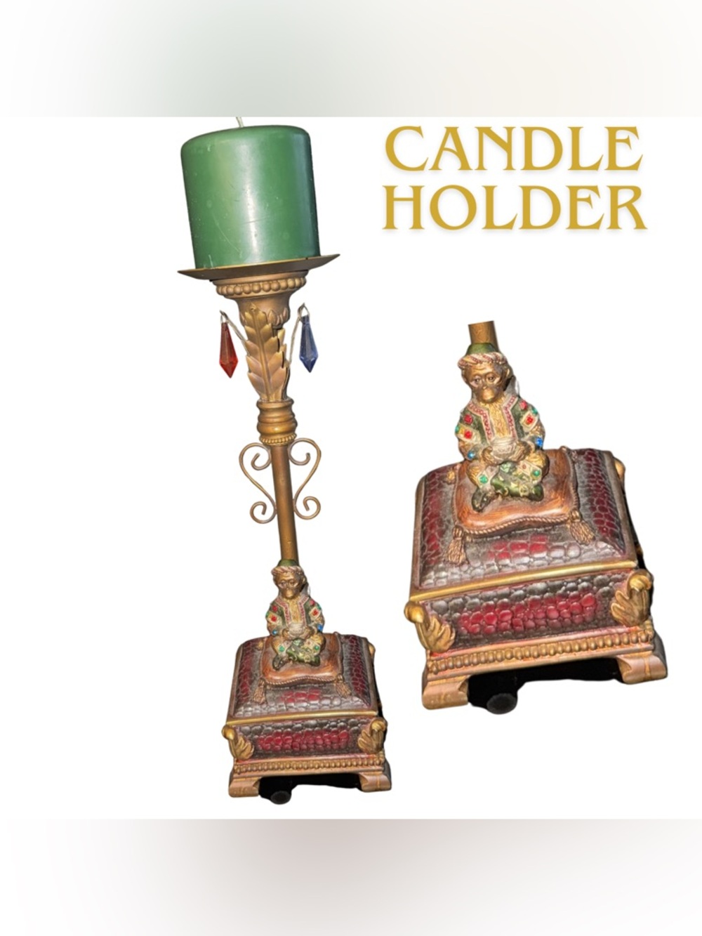 Ornate Jeweled Monkey Candle Holder 12”‎ Tall Rhinestones + Crystals Boho